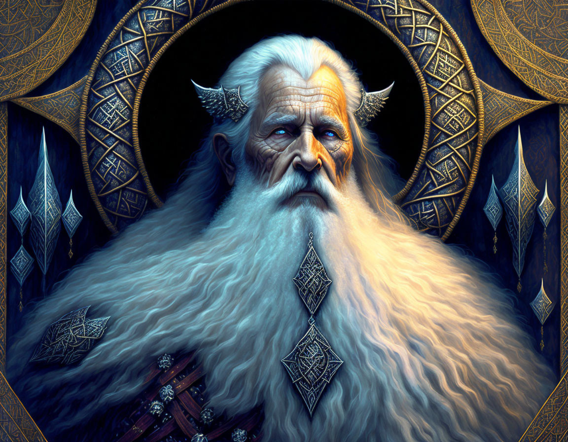 Elderly fantasy character with long white beard and ornate earrings in blue and gold frame