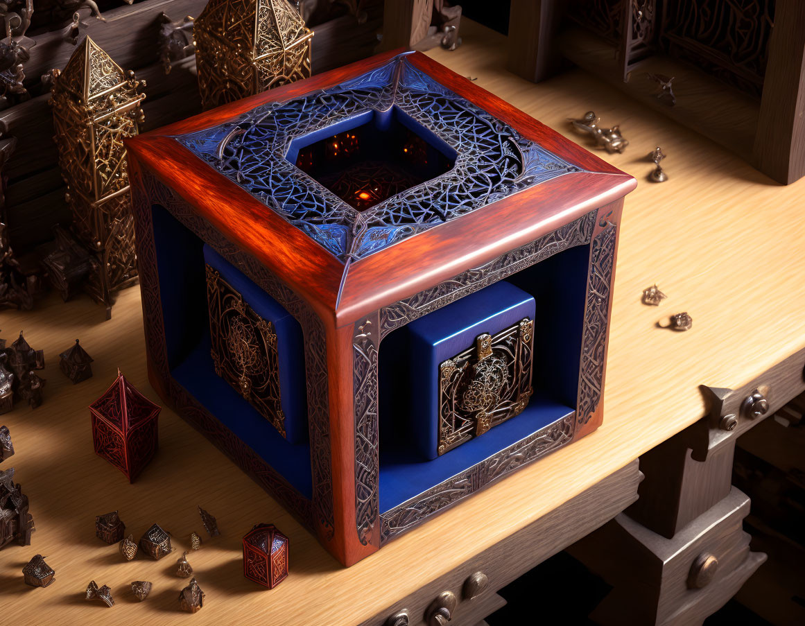 Intricate Blue Wooden Puzzle Box with Metallic Figurines in Dim Lighting