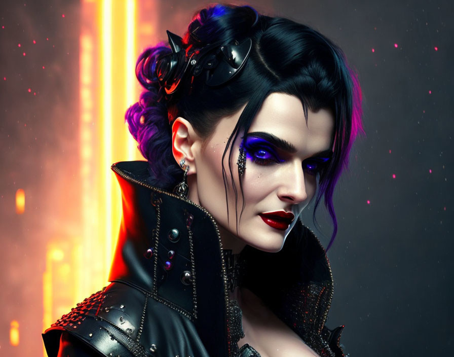 Digital portrait of woman with purple eye makeup, punk hairstyle, and gothic attire against neon-lit