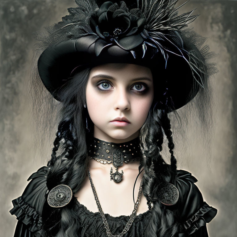 Young girl in Victorian black dress with ornate hat & feathers