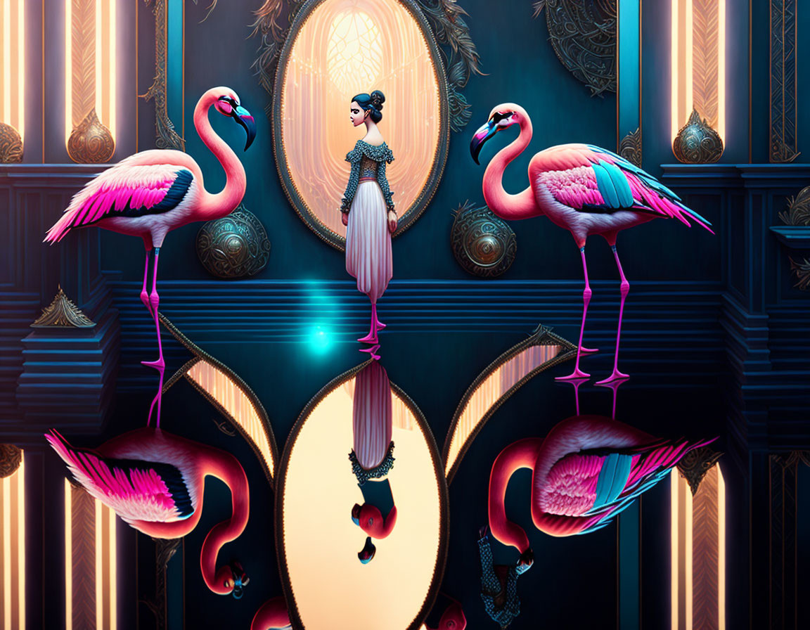 Vintage-dressed woman with pink flamingos under ornate archway