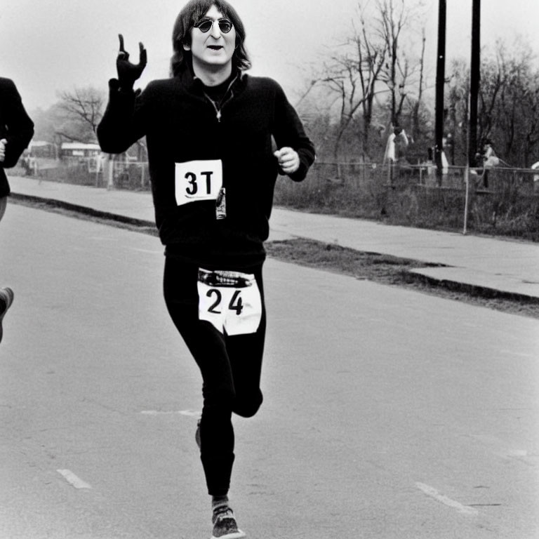 Sunglasses-wearing person in black attire running in road race with playful hand gesture