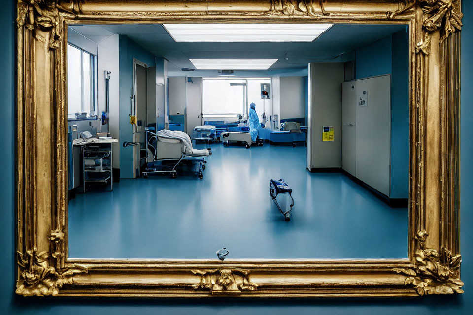 Hospital Room with Beds, Medical Equipment, and Healthcare Worker in Blue