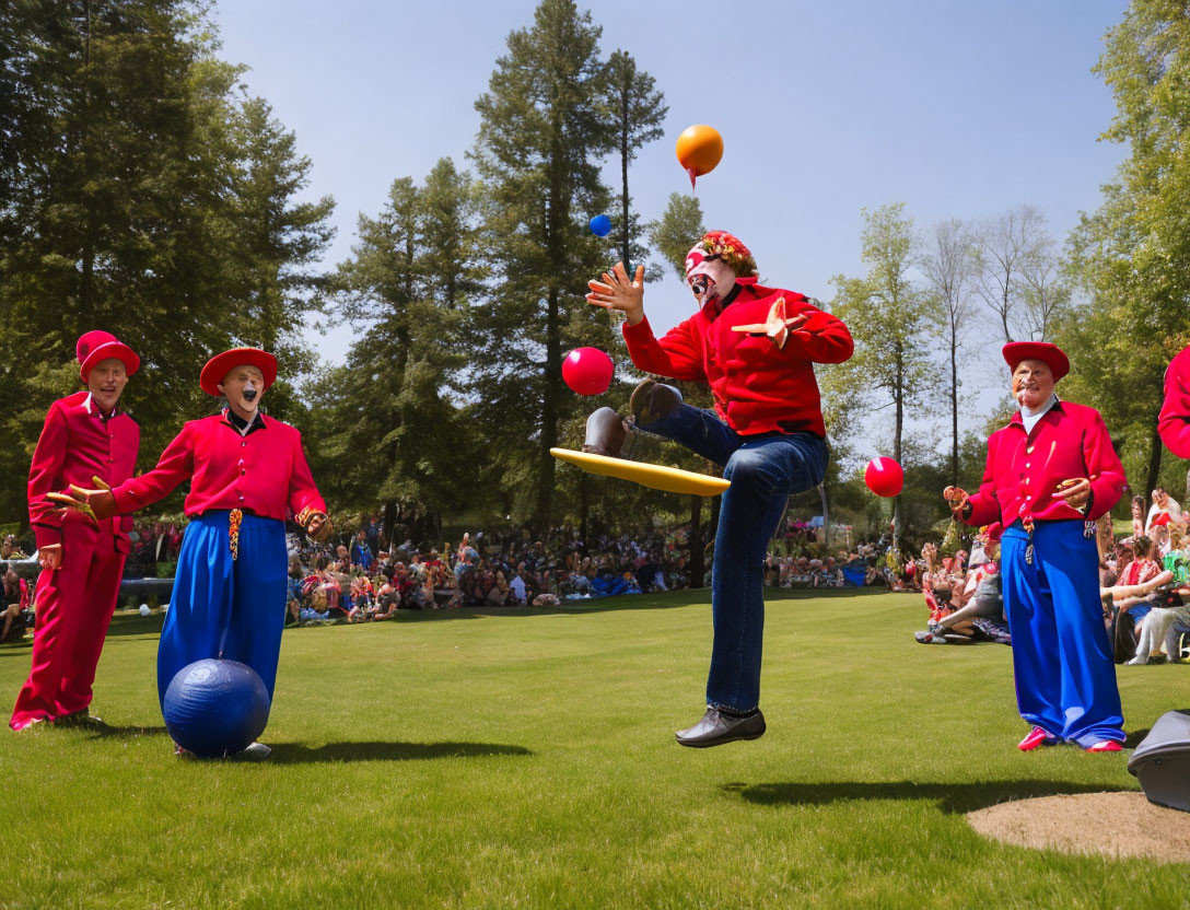 Performer in Red Outfit Juggling Pins Off Blue Ball Outdoors
