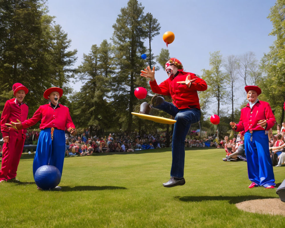 Performer in Red Outfit Juggling Pins Off Blue Ball Outdoors