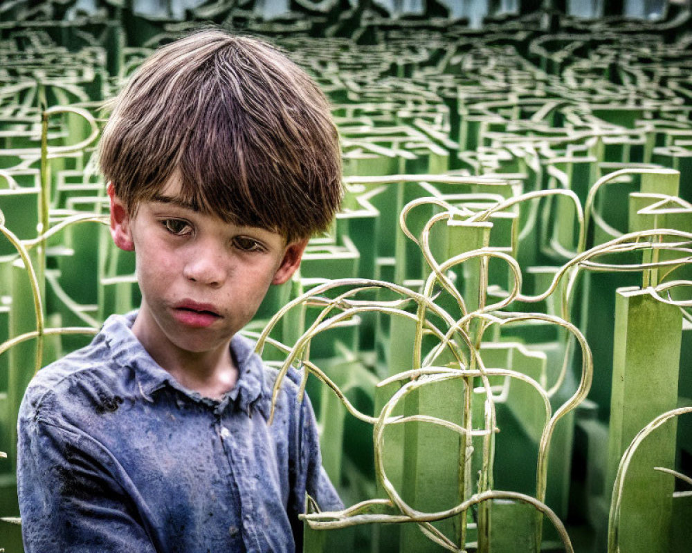 Young boy in front of green maze-like backdrop, looking thoughtful.