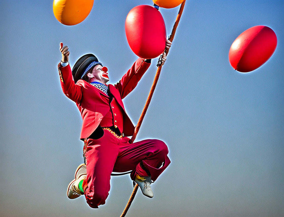 Clown in Red Suit Suspended with Floating Balloons