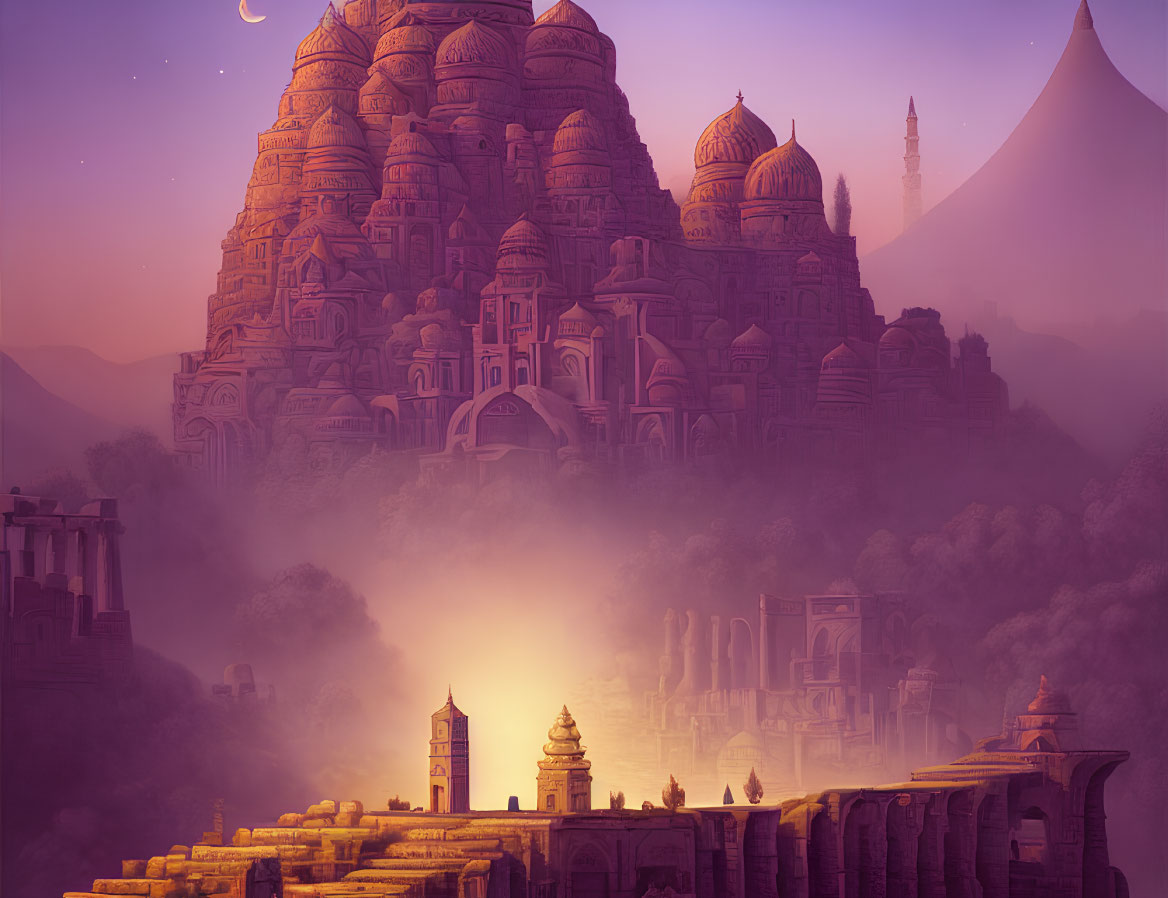 Mystical city with layered domed structures at dusk under a purple sky