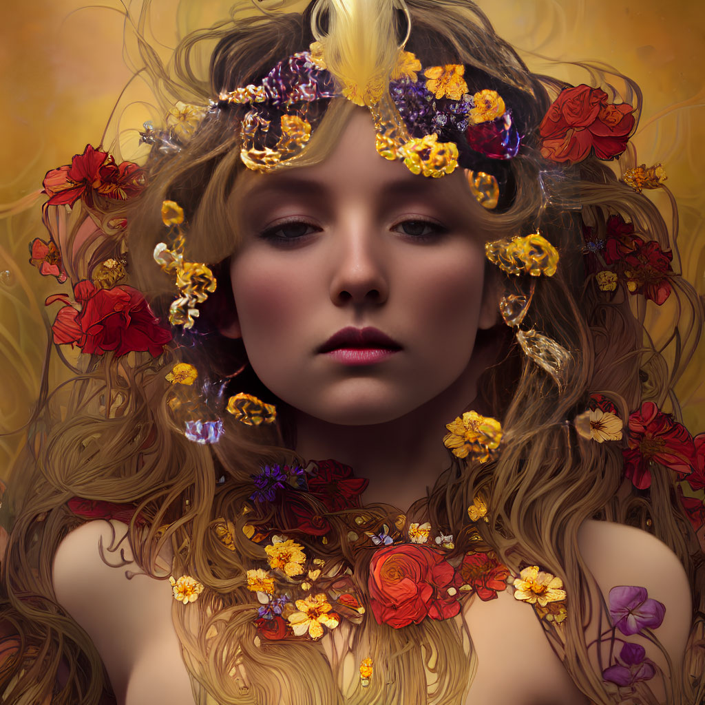 Surreal portrait of woman with golden hair and floral crown