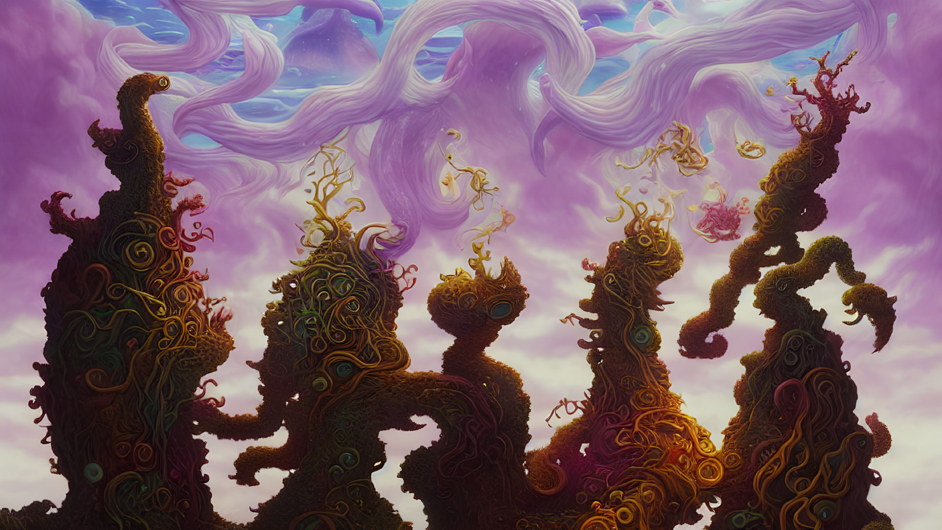 Surreal landscape with twisted tree-like structures under a purple sky