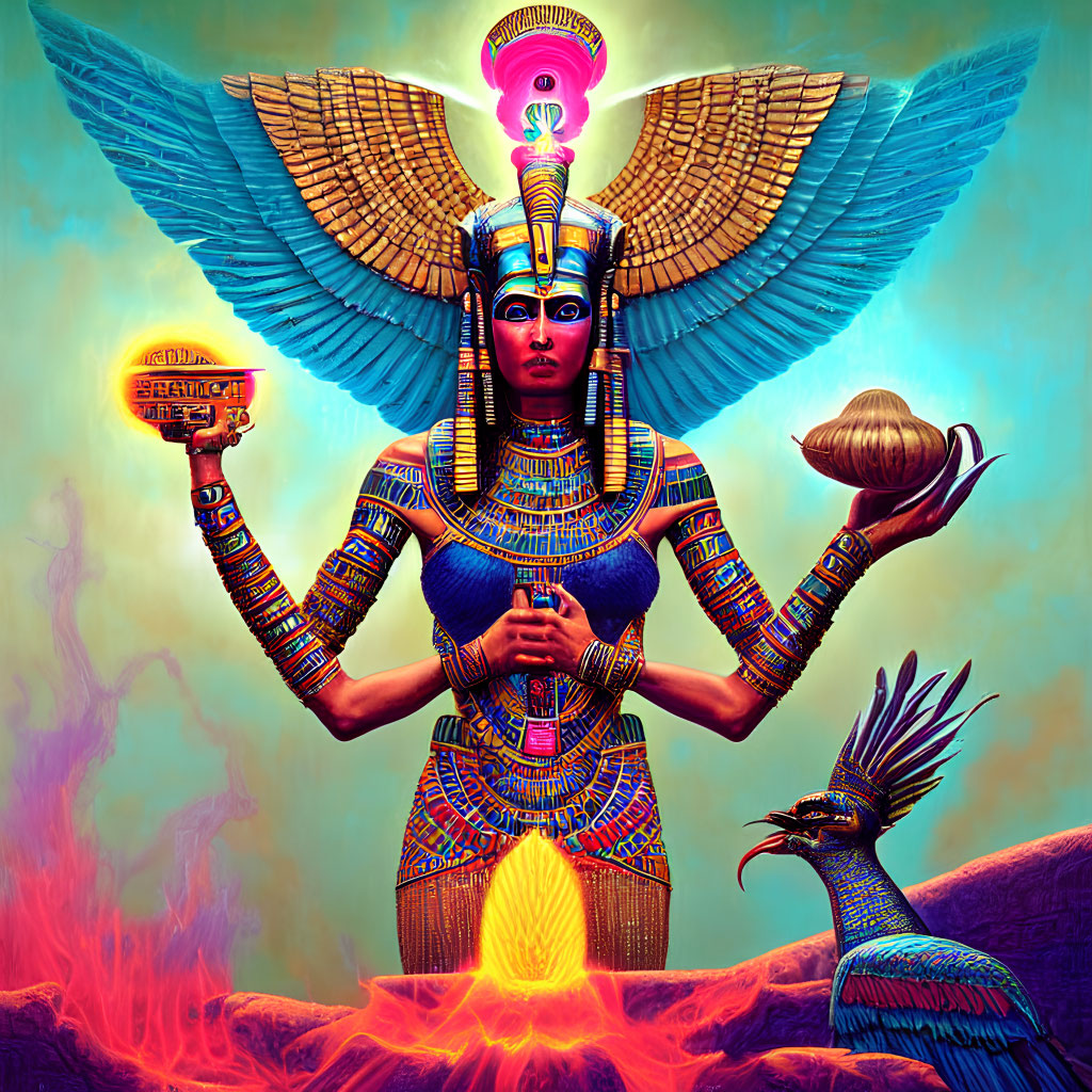 Colorful Egyptian Deity Artwork with Fiery Background and Mystical Bird