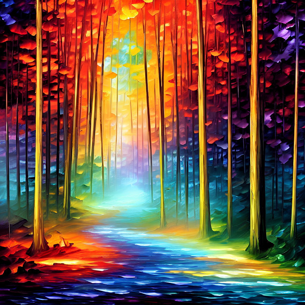 Colorful Forest Painting with Sunlit Clearing and Stylized Trees