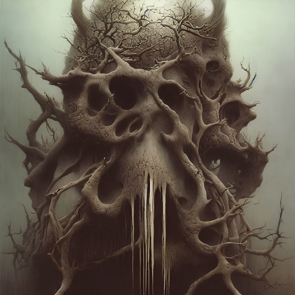 Surreal image of skull-like tree in foggy setting