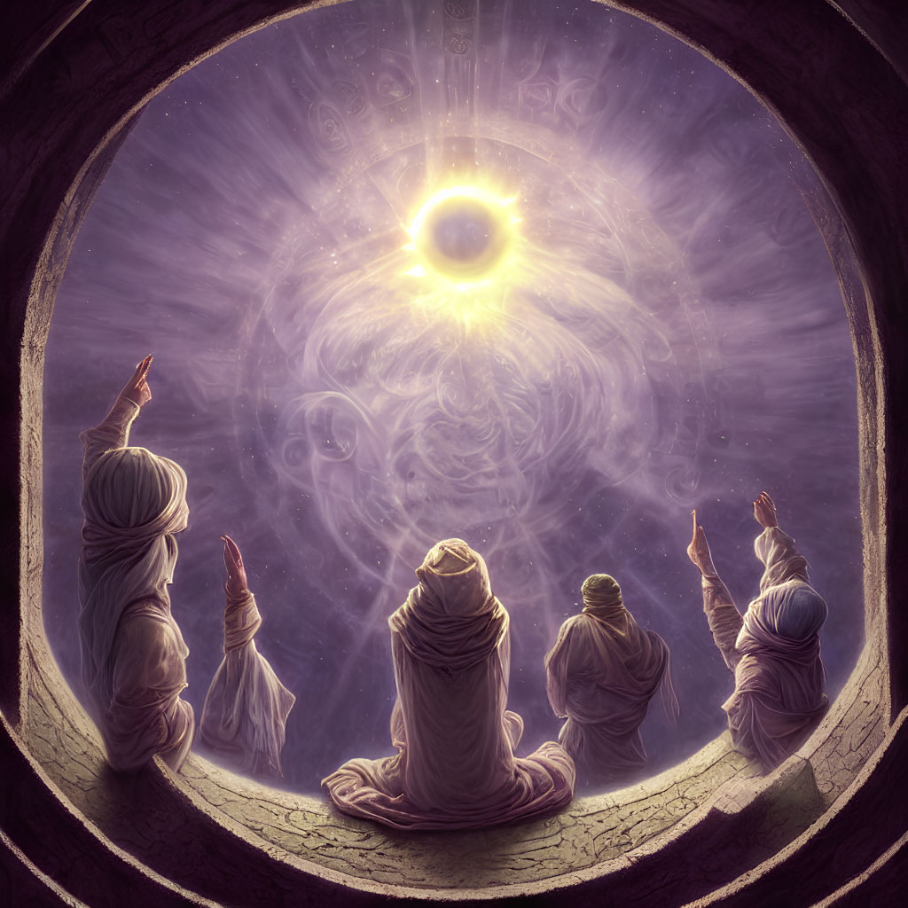 Robed Figures in Circular Room with Mystical Light Source