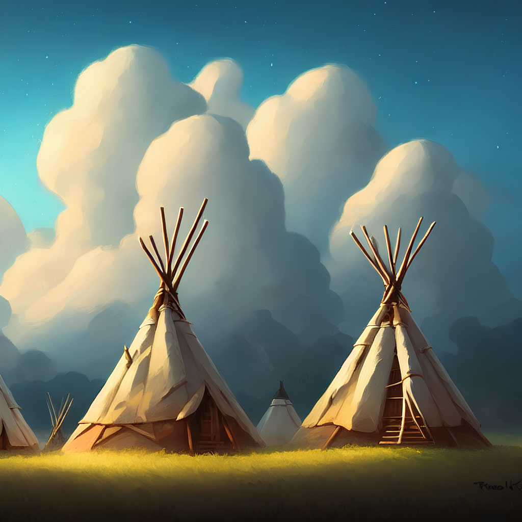 Three Teepees Standing on Grass Under Blue Sky with White Clouds