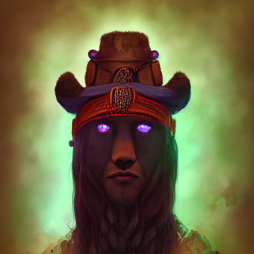 Digital painting of figure with glowing purple eyes in shamanic headdress on golden backdrop