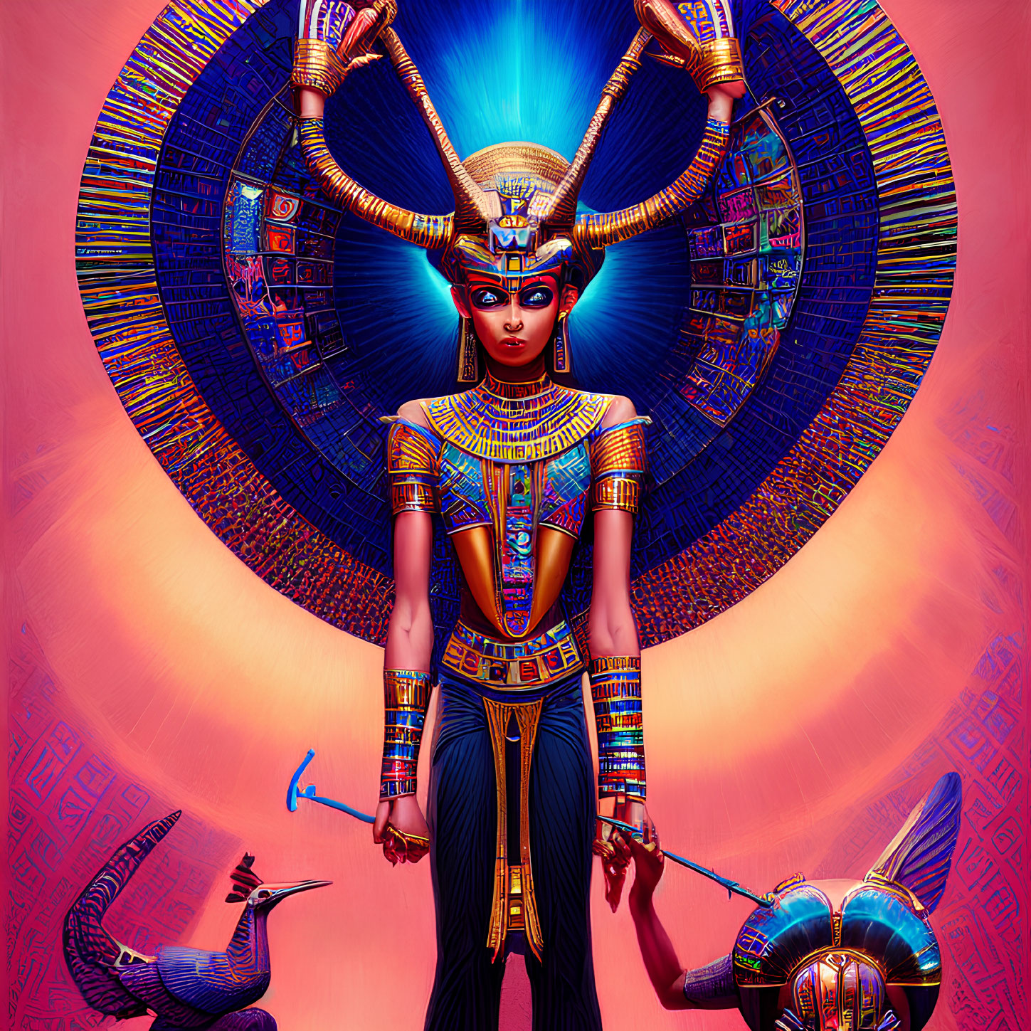 Egyptian Goddess Artwork with Elaborate Headgear and Vibrant Colors