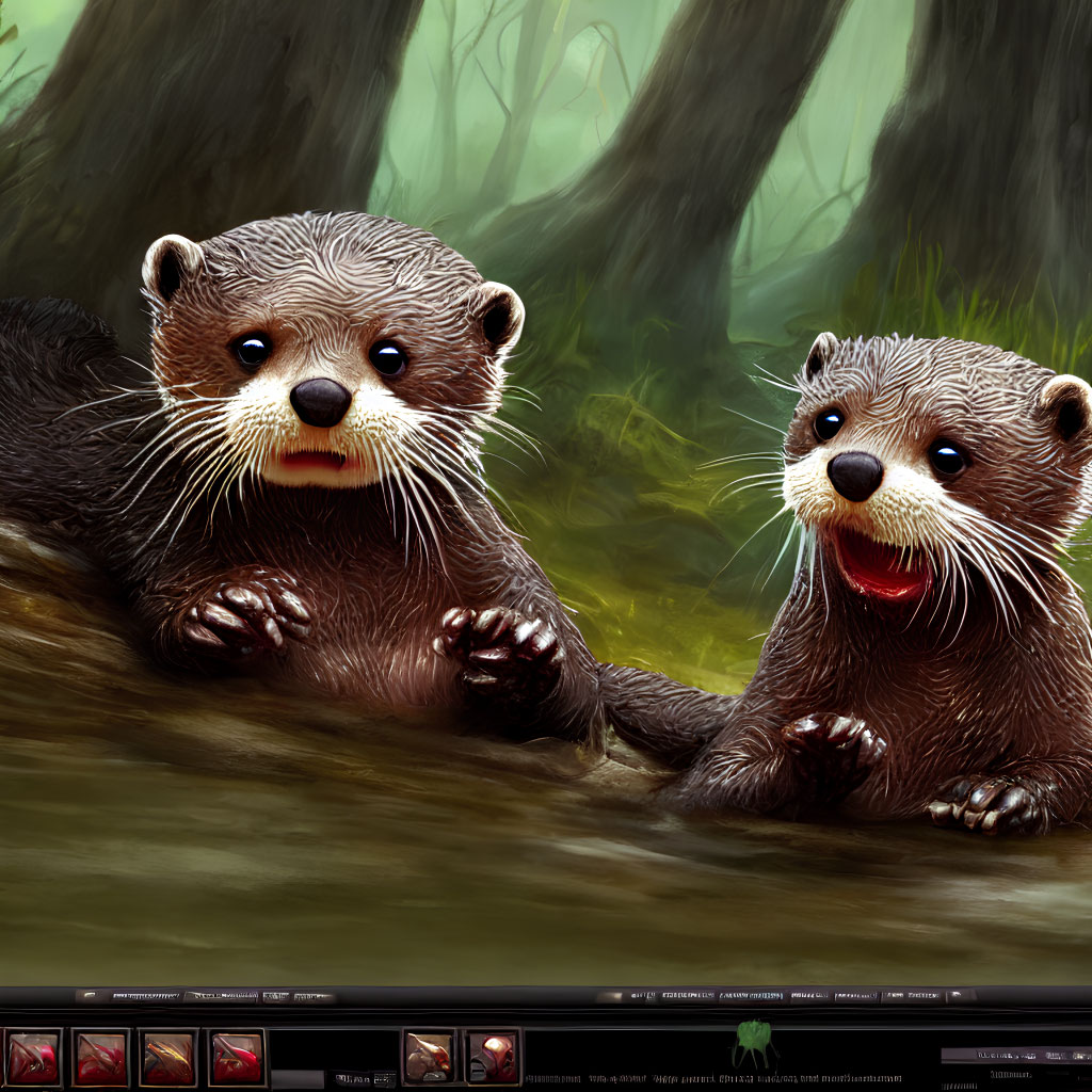 Cartoon otters with expressive faces in forested setting by water