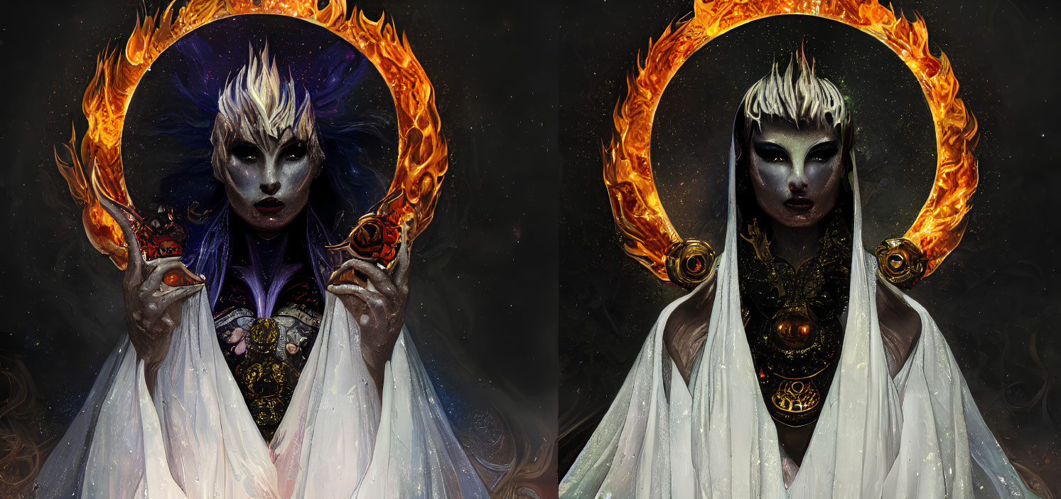 Mystical beings with intricate headpieces and glowing halos in fiery and cool tones