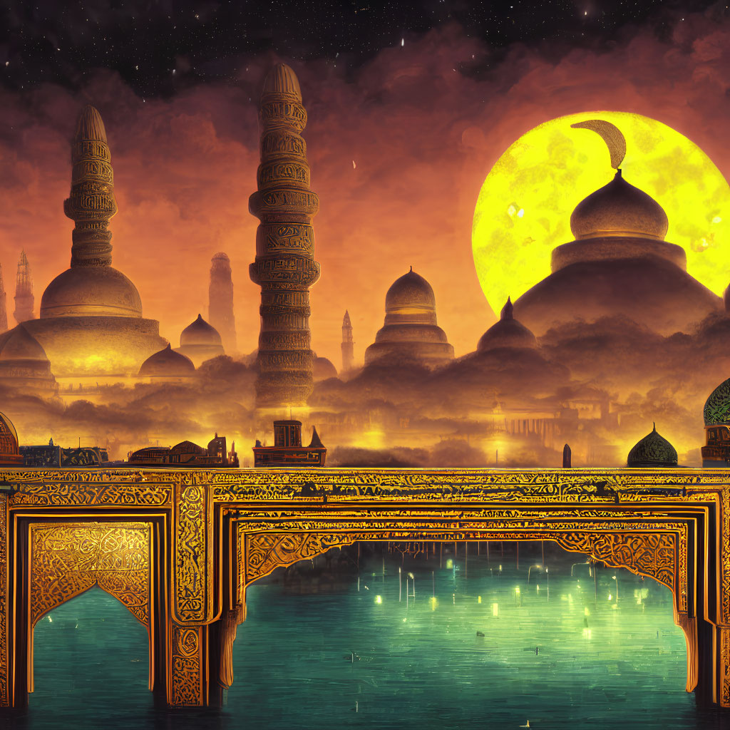 Ornate bridge over tranquil water with domes and minarets under moonlit sky