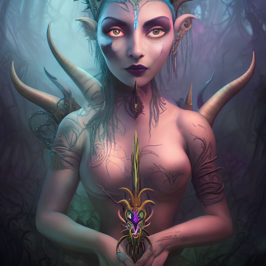 Mystical female figure with horns and dagger in dark forest setting