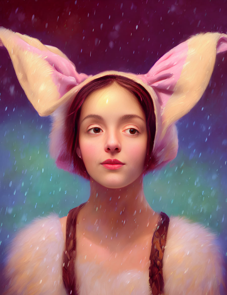 Person with Large Pink Bunny Ears in Colorful Portrait