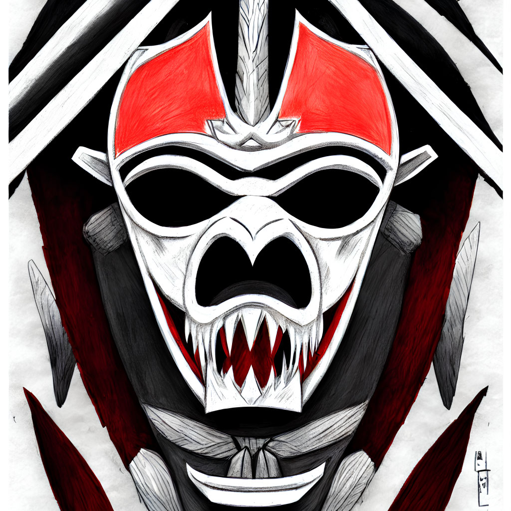 Symmetrical Red and Black Mask with Sharp Teeth and Horn