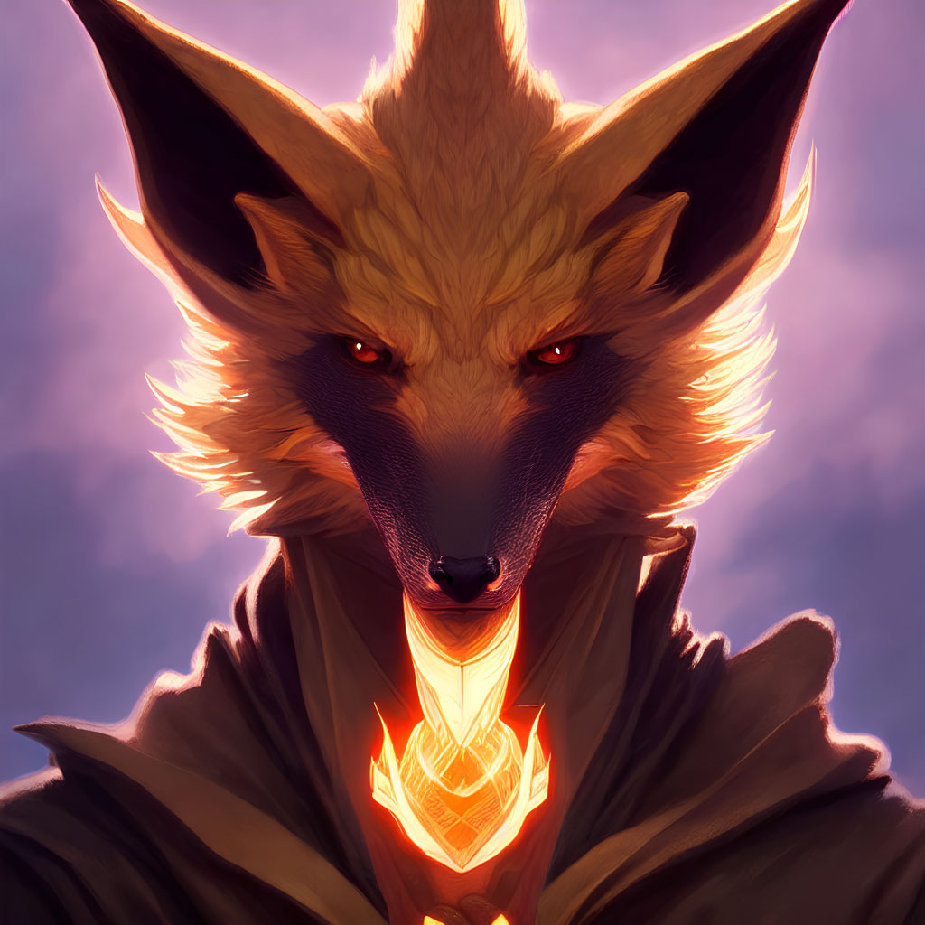 Stylized anthropomorphic fox with golden fur and crystal pendant