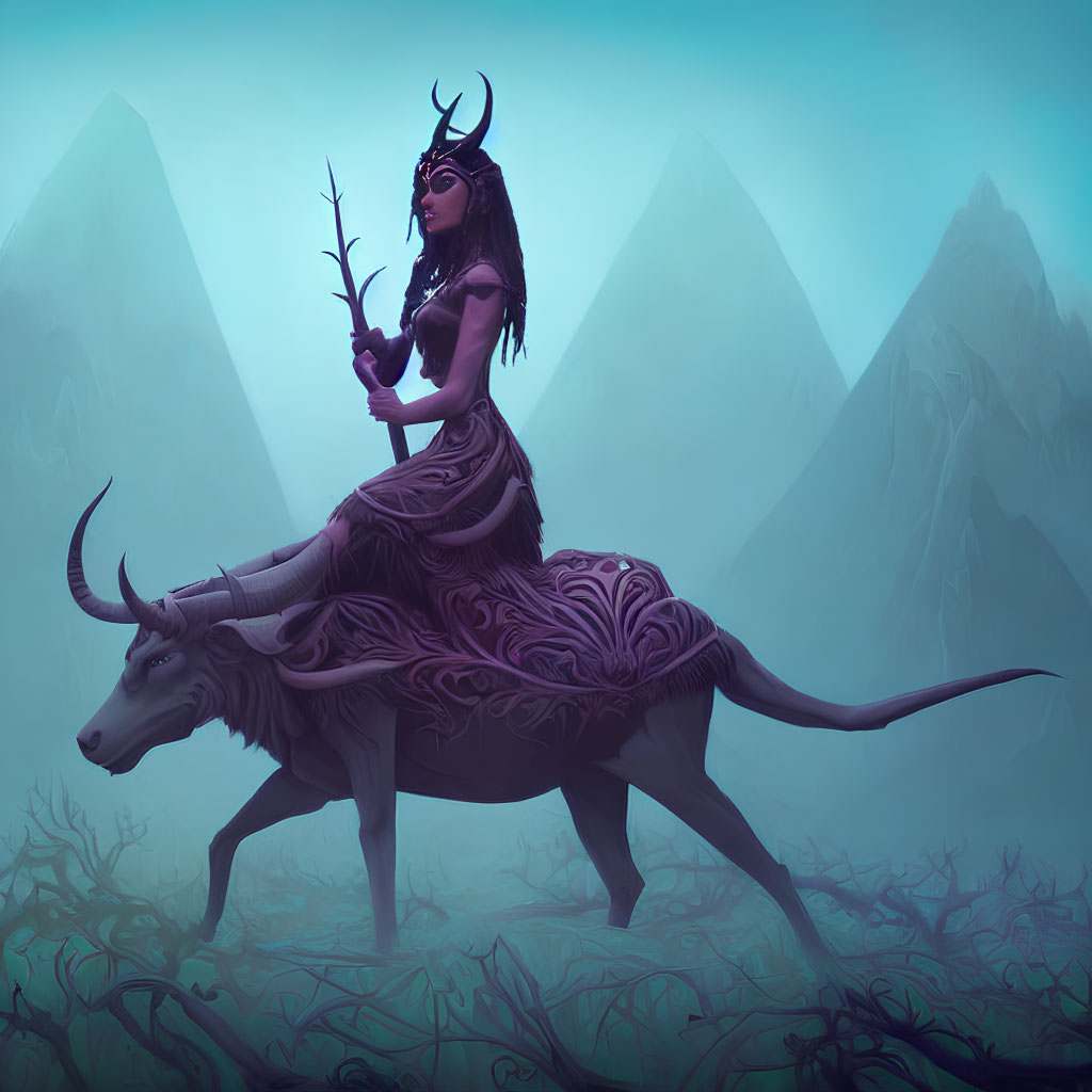 Mystical female figure with horns riding antelope-like creature in blue-hued mountains
