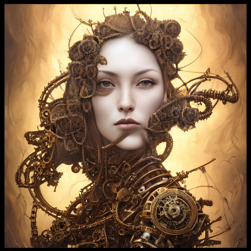 Steampunk-inspired woman with mechanical accessories and intricate headgear