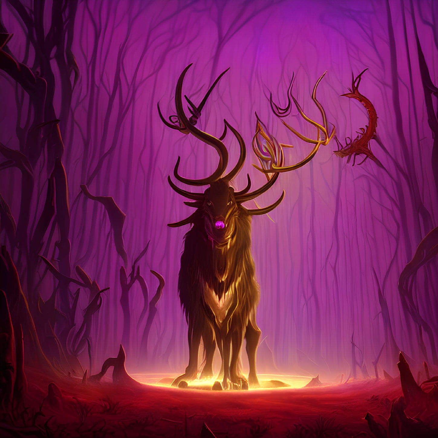 Glowing-eyed stag in purple forest with luminous aura