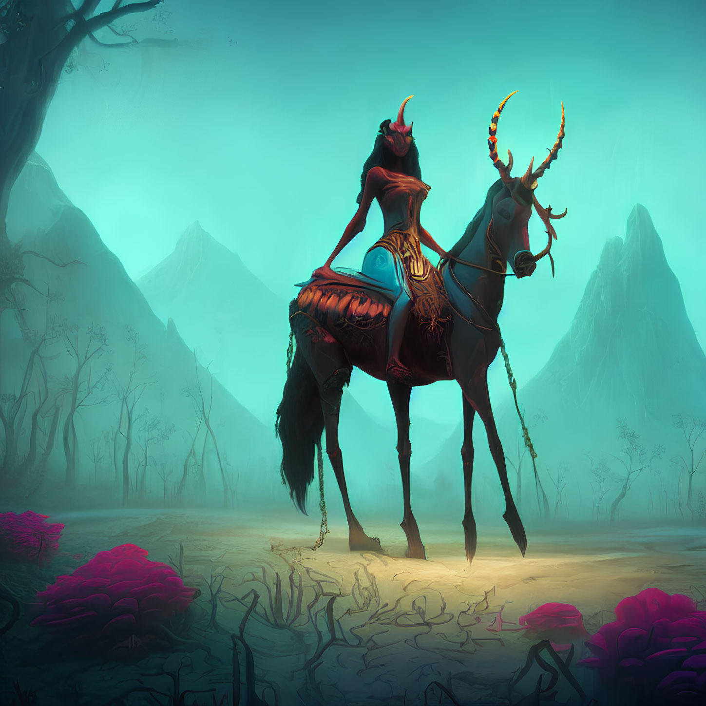 Mystical figure in red cloak on ghostly horse in eerie forest