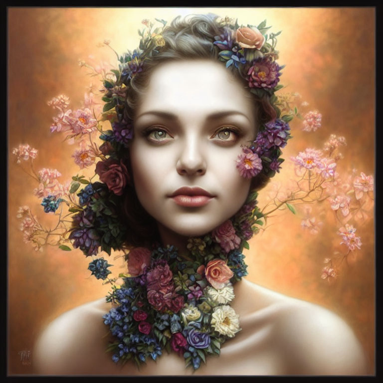 Serene woman portrait with colorful flower garland