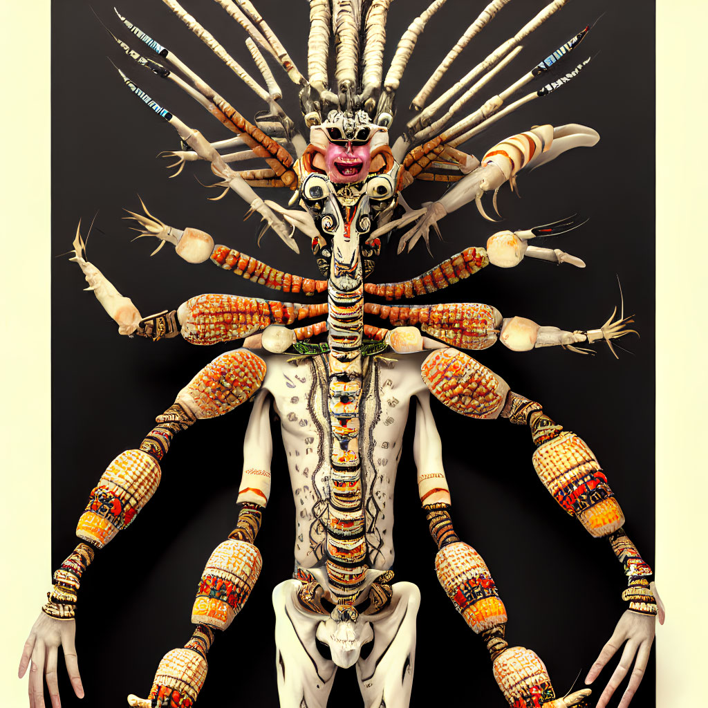 Surreal creature with multiple arms and fierce mask on dark background
