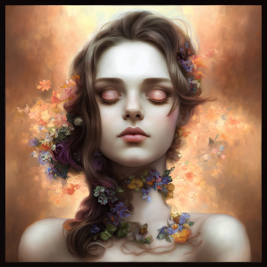 Digital portrait of woman with closed eyes, adorned with flowers, on warm backdrop