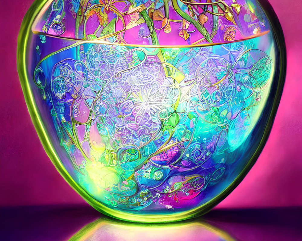 Colorful Glass Vase with Intricate Patterns Illuminated in Pink and Purple Lighting
