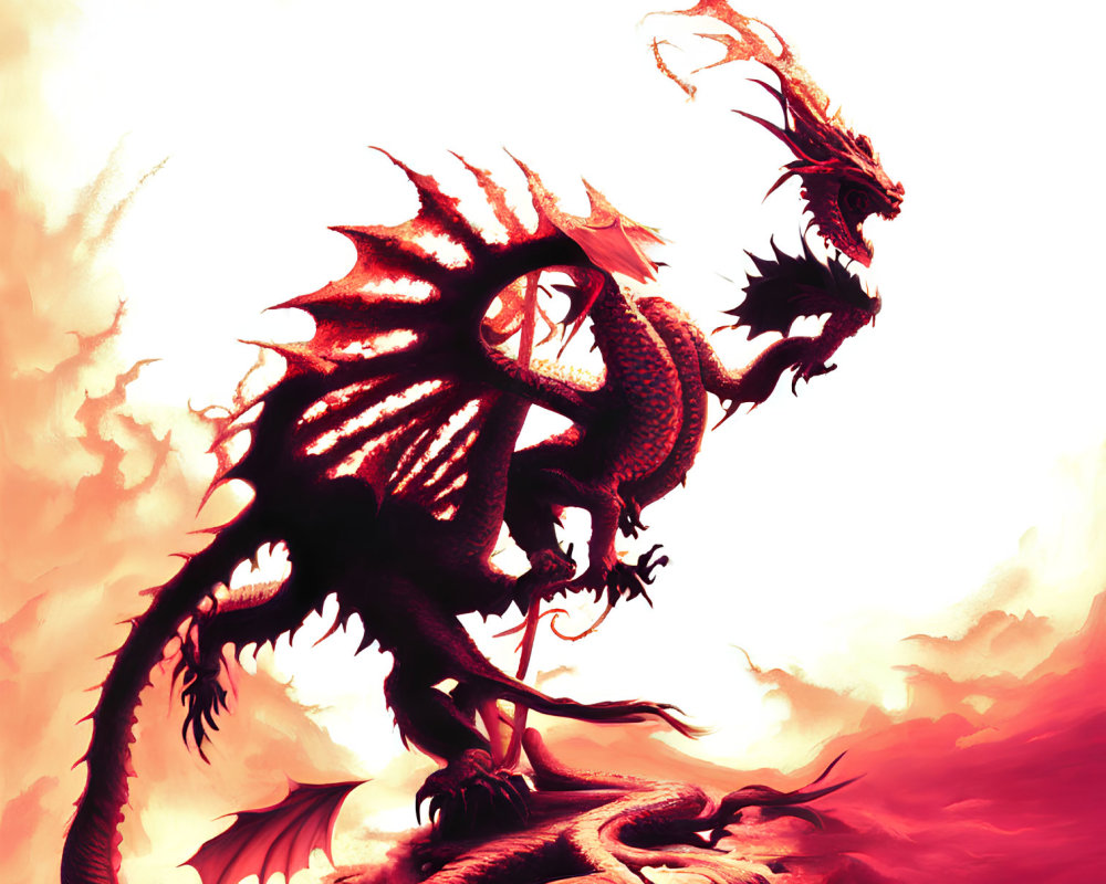 Majestic red dragon roaring in swirling red and orange backdrop