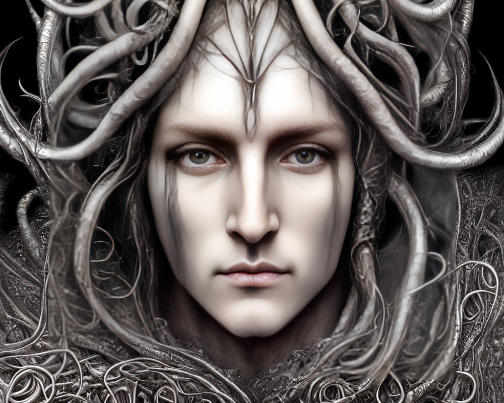 Detailed artwork: pale-skinned figure with intense blue eyes and silver antler-like crown