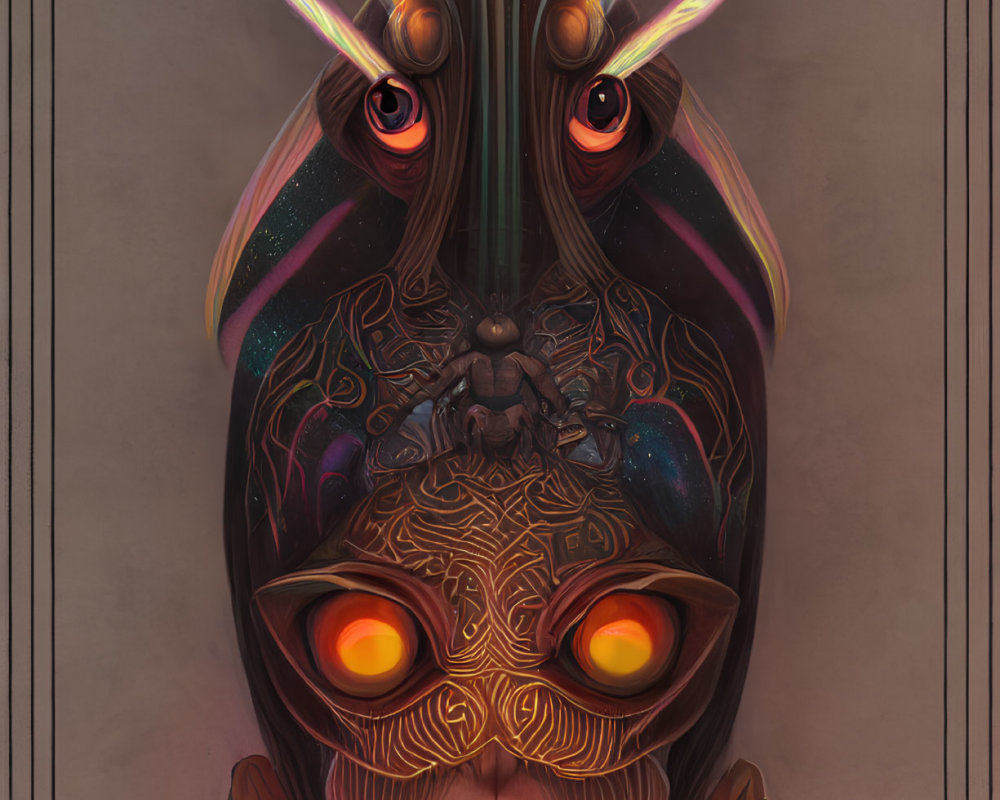 Detailed surreal portrait of humanoid figure with glowing eyes and alien-like markings.