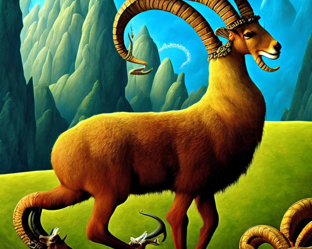 Stylized illustration of large golden ram with spiraling horns on grassy field against green mountains