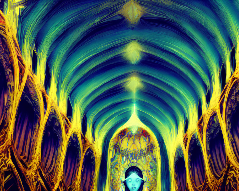 Abstract digital artwork: Blue and gold tunnel structure with ornate patterns and humanoid face