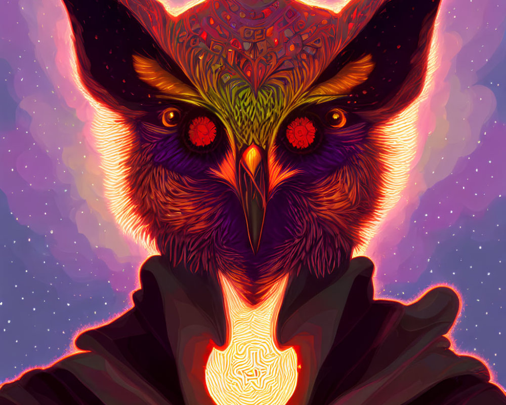 Vibrant mystical owl with red eyes in cosmic setting