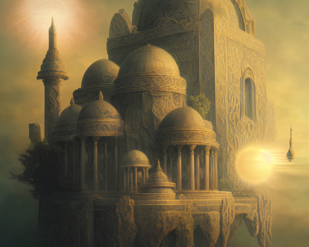 Ornate floating palace with domes and spires in hazy sunlit sky