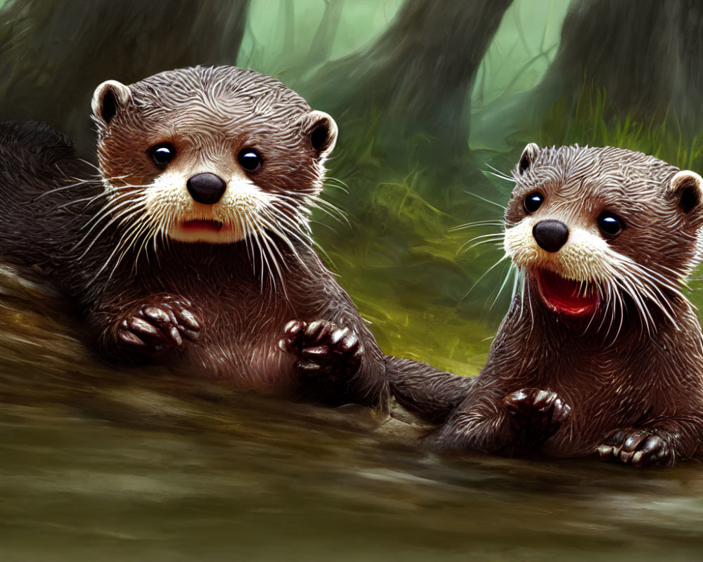 Cartoon otters with expressive faces in forested setting by water