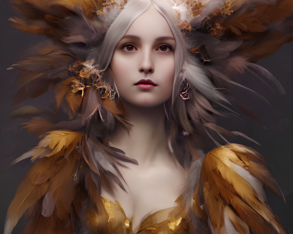 Portrait of a woman with pale skin and white hair wearing a golden feathered headdress.