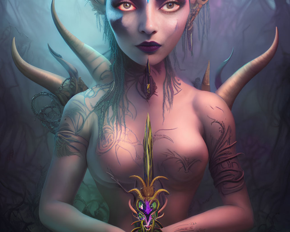 Mystical female figure with horns and dagger in dark forest setting