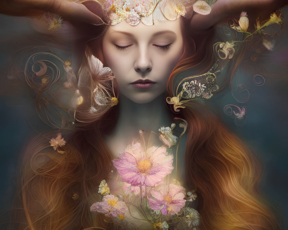 Serene woman with closed eyes and floral crown