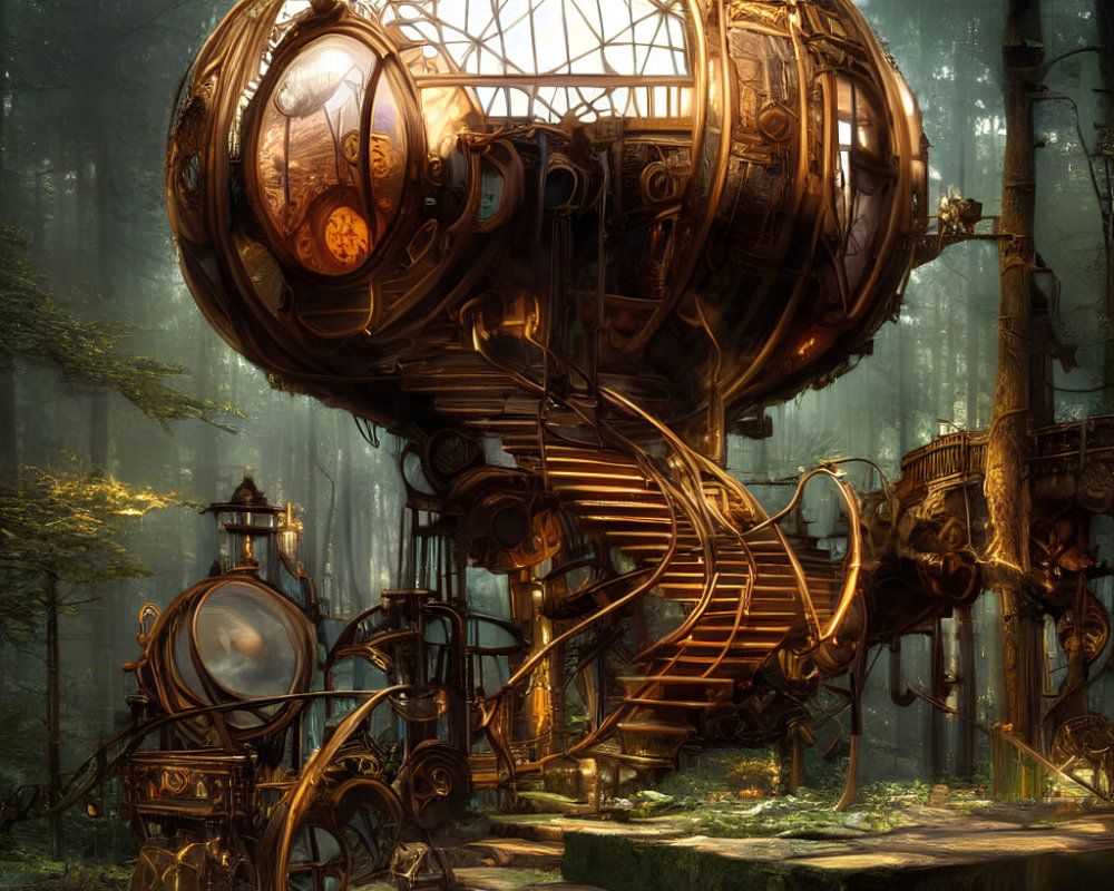 Steampunk structure with glass dome in misty forest