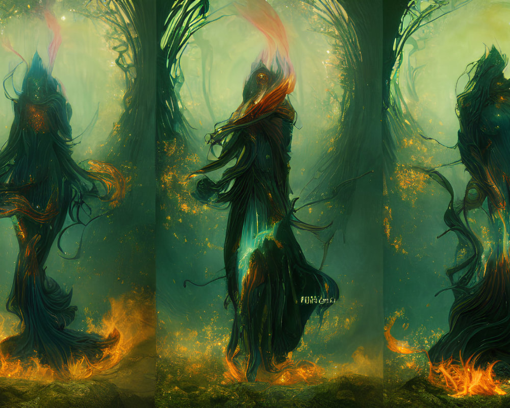 Mystical forest spirit triptych with flaming feet in verdant woods
