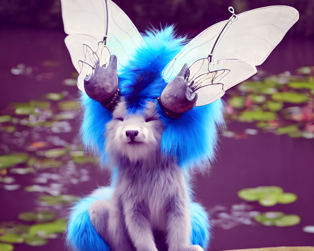 Blue and White Furry Creature with Wings and Antlers by Pond with Water Lilies